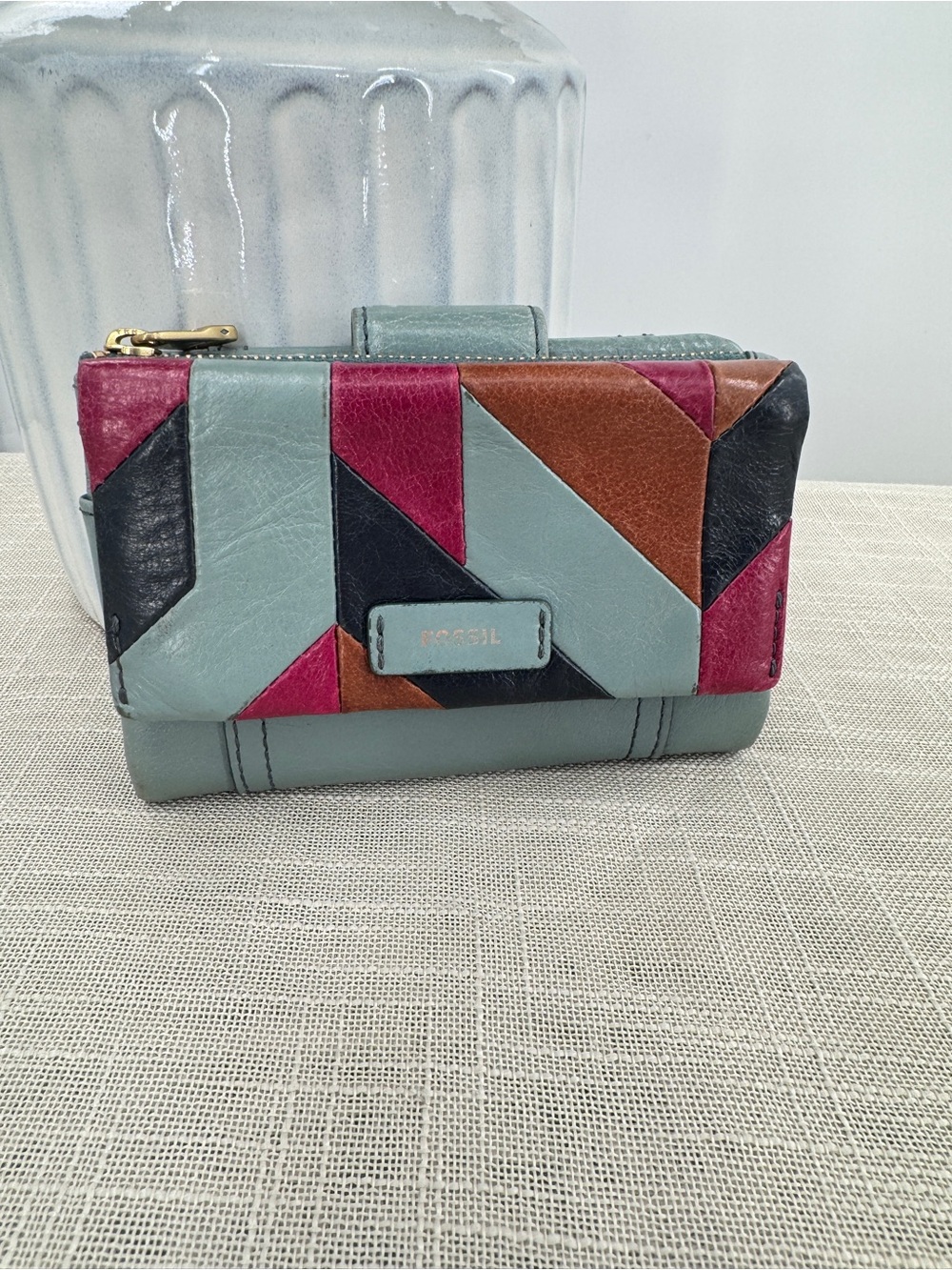 FOSSIL Bifold Leather Wallet Blue Geometric Colorblock Patchwork